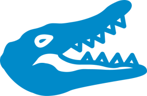 Blue silhouette of an alligator head with an open mouth.