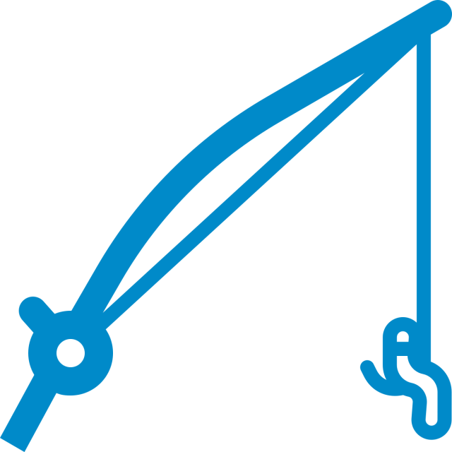 Blue fishing rod and fish hook icon on white background.