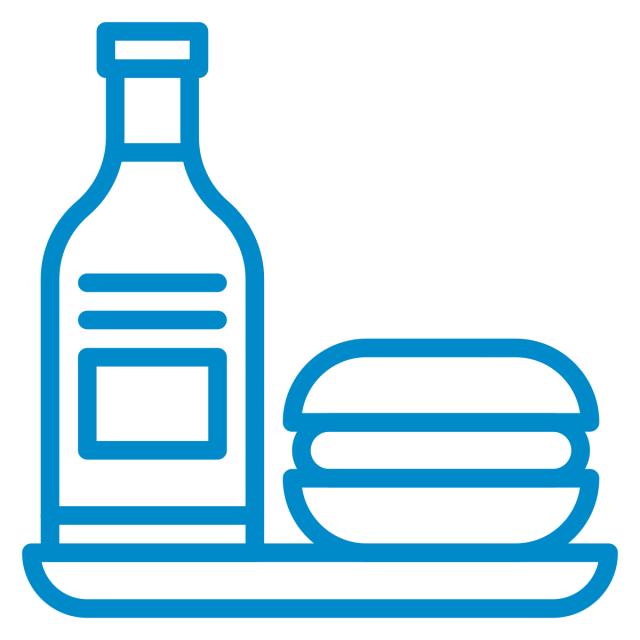 Line drawing of a bottle and a burger on a plate.