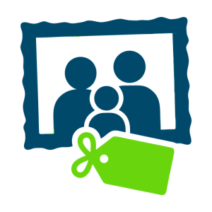 Icon with three people in a frame and a green price tag