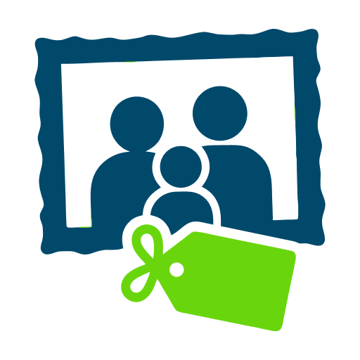 Icon with three people in a frame and a green price tag