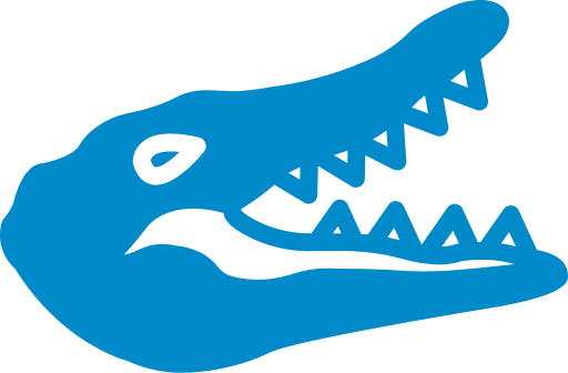 Blue silhouette of an alligator head with an open mouth.
