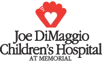 Logo with red heart in hands above text: Joe DiMaggio Children's Hospital at Memorial.