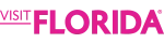 Visit Florida logo in bold pink text on a white background.