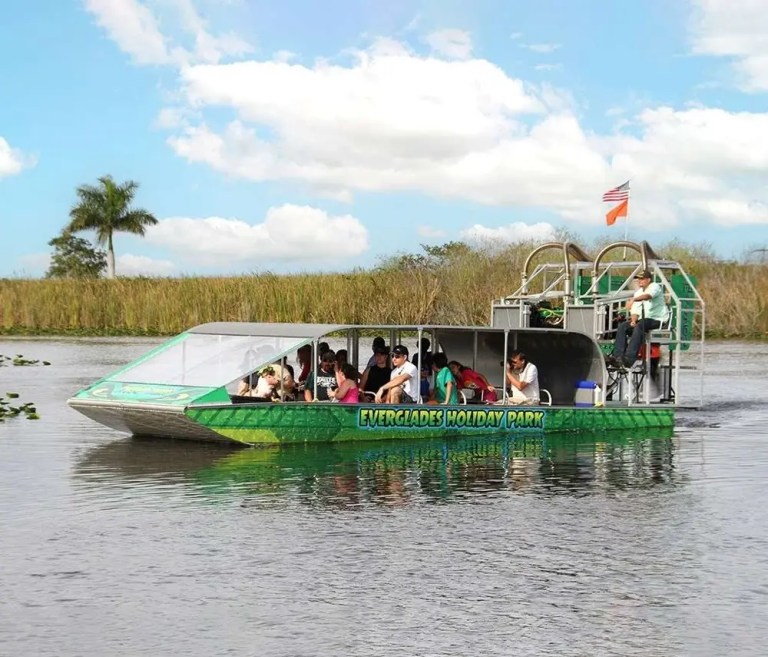 Tourists on a green airboat ride in a marshland under a blue sky.