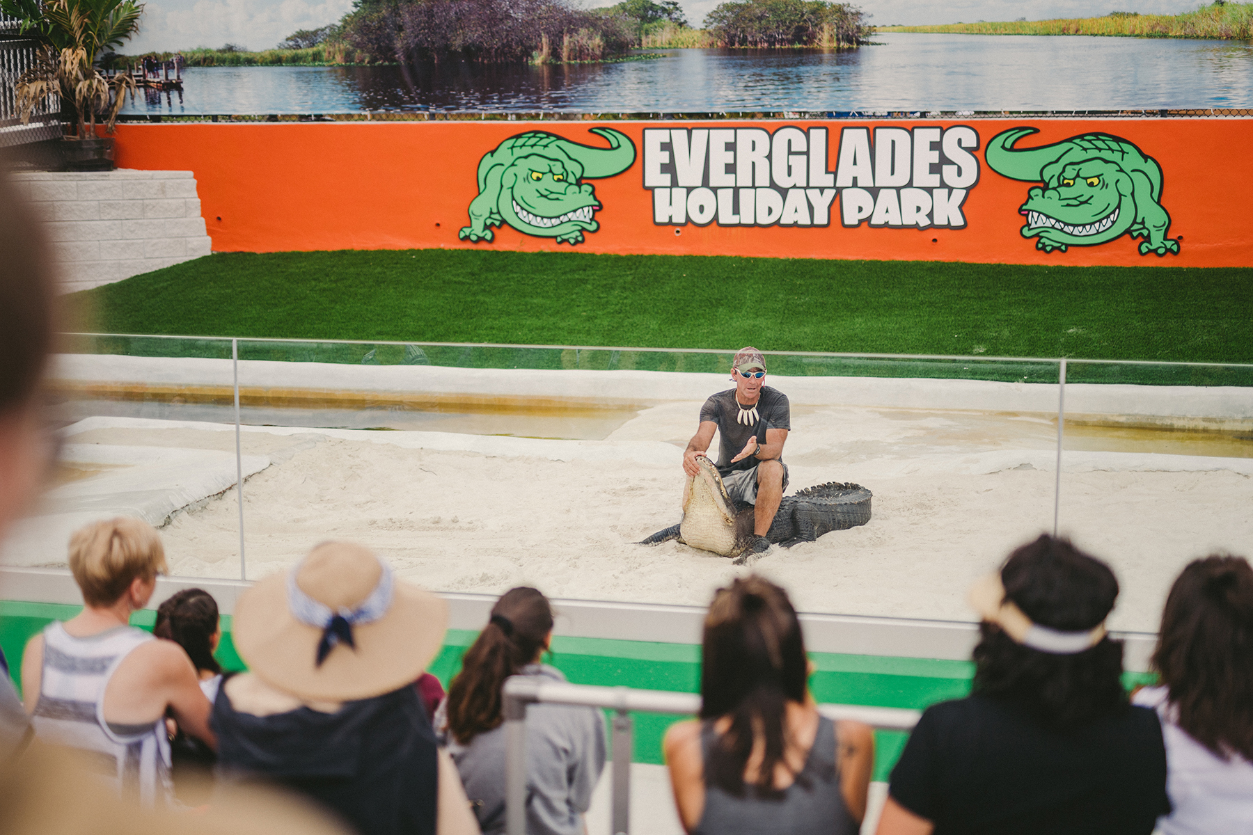 Person performing alligator show at Everglades Holiday Park, audience watching.