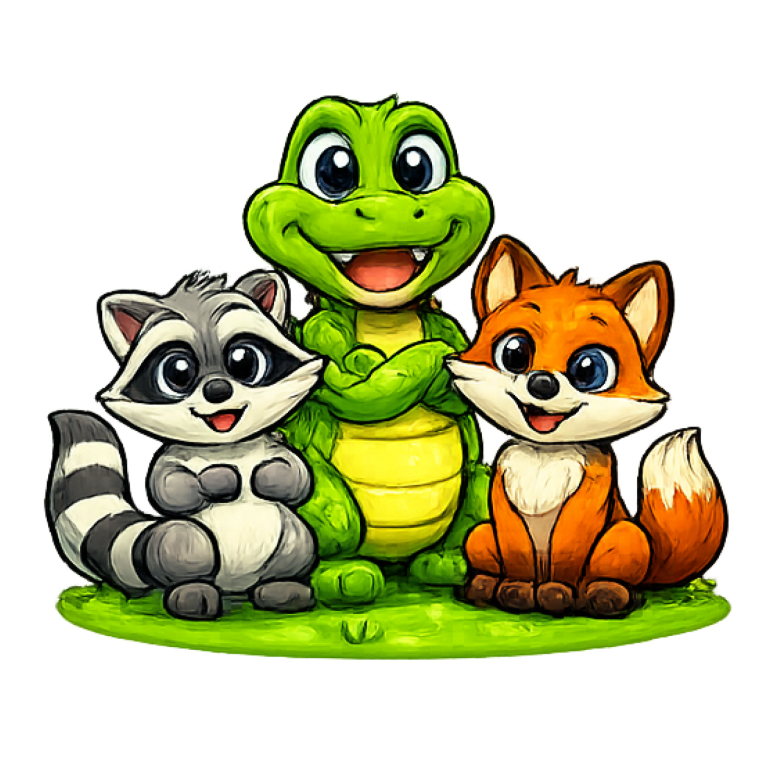 Cartoon raccoon, turtle, and fox sitting together on grass.