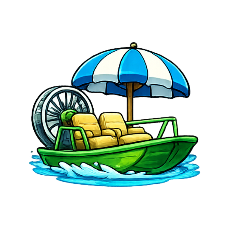 Cartoon boat with wheels, umbrella, seats on water.