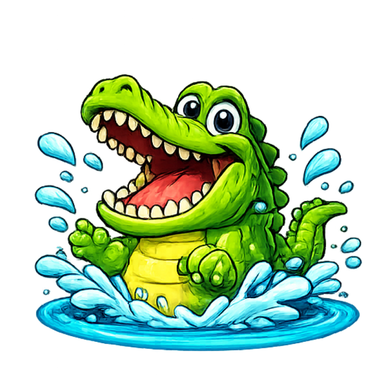 Cartoon crocodile joyfully splashing in water.