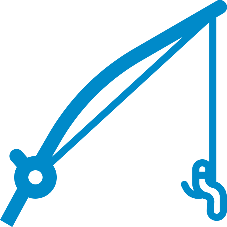 Blue fishing rod and fish hook icon on white background.