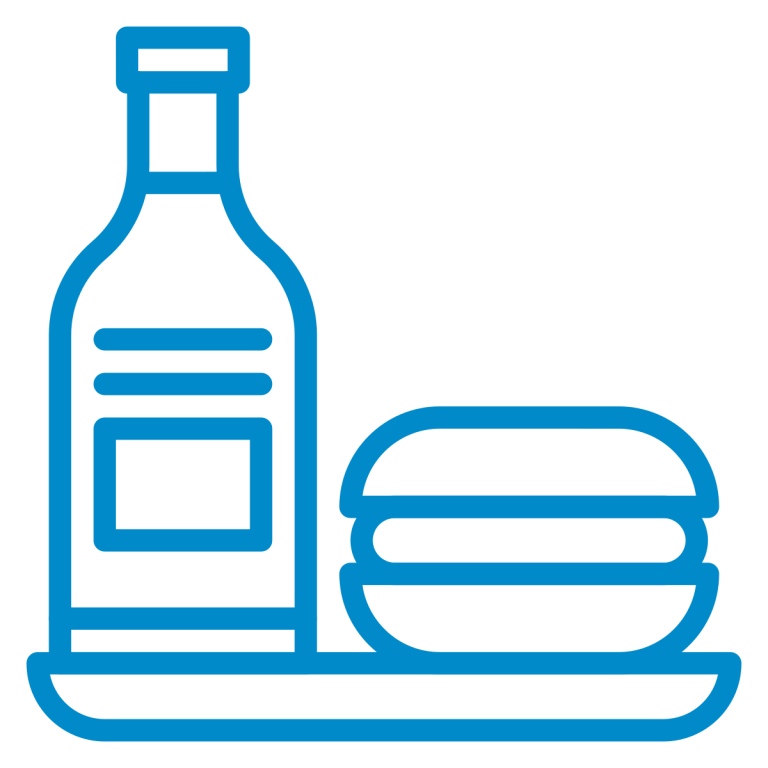 Line drawing of a bottle and a burger on a plate.