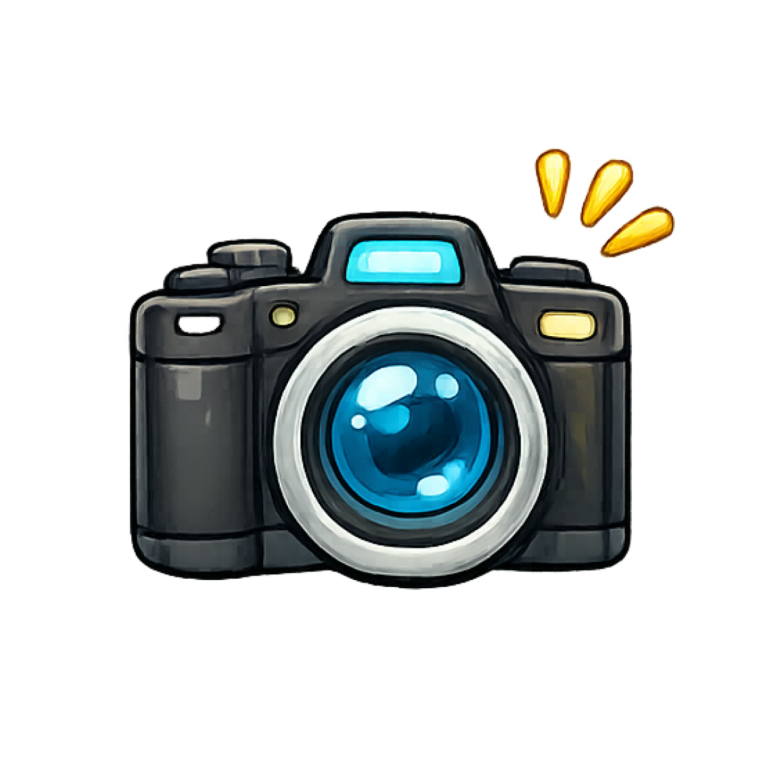 Illustration of a camera with blue lens and yellow accents.