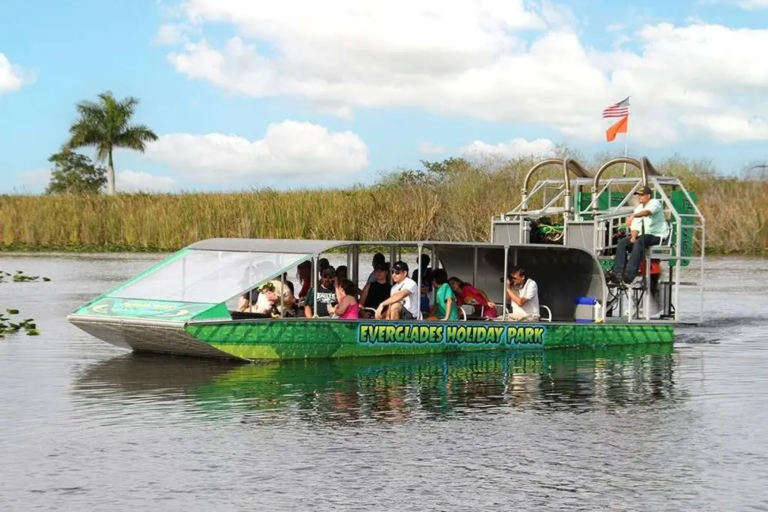 People on a green airboat in a wetland area with palm trees and an American flag.