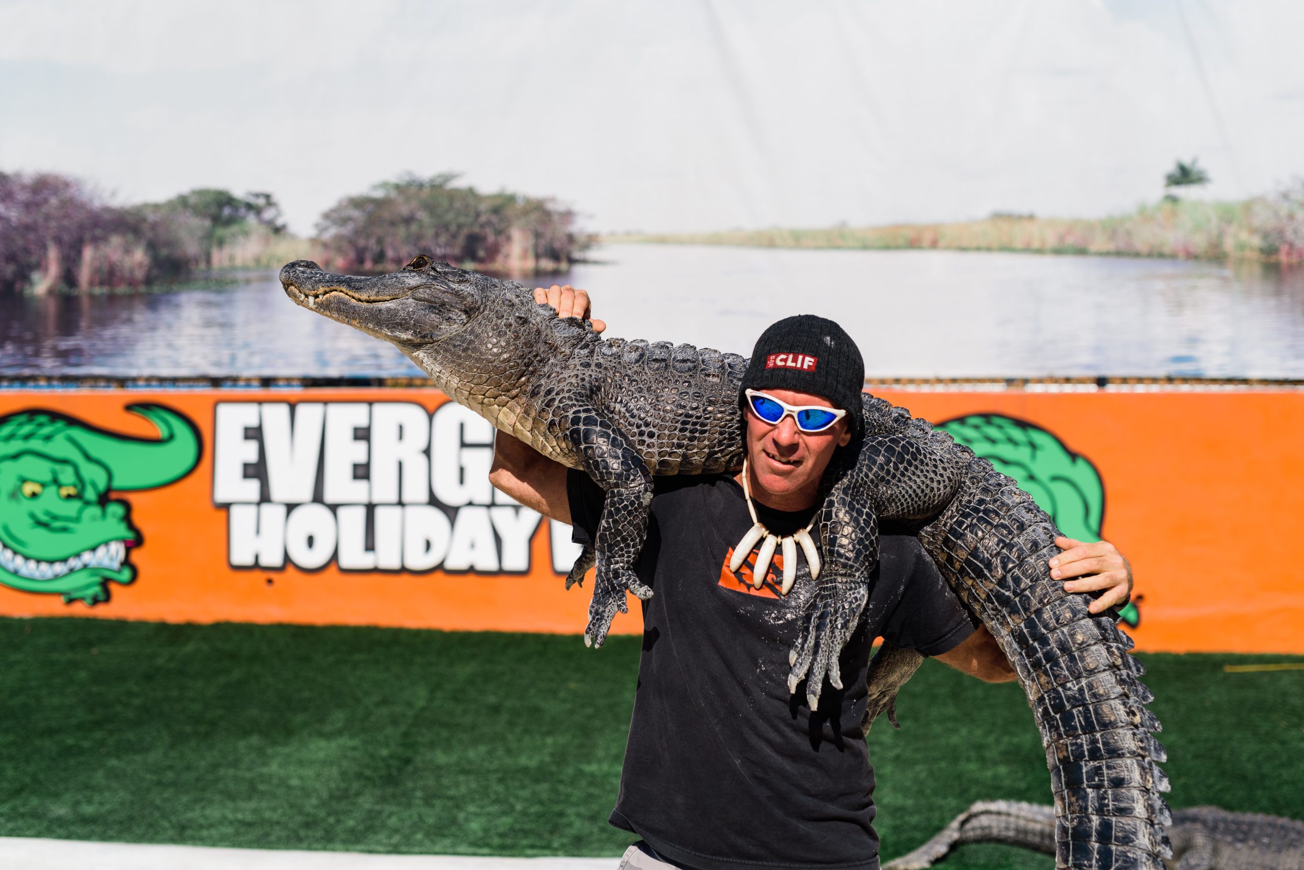 Man holding alligator on shoulder in front of wetland backdrop.