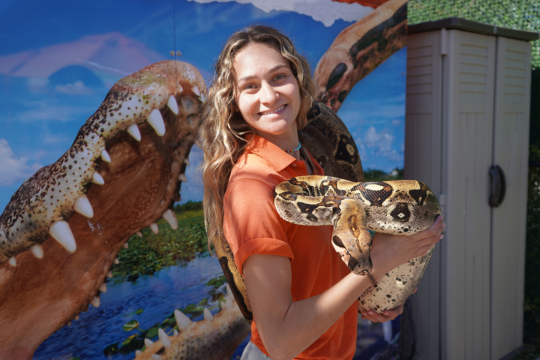 Person in orange shirt holding snake, crocodile mural in background.